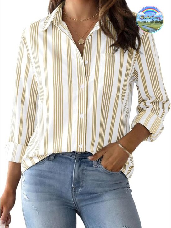 Tops - Striped Button Down Long Sleeve Blouse with Pocket Cotton Blend